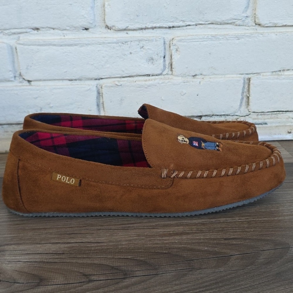 Polo Ralph Lauren Dezi V Bear Brown Faux Suede Moccasin Slippers Men's Size 13
